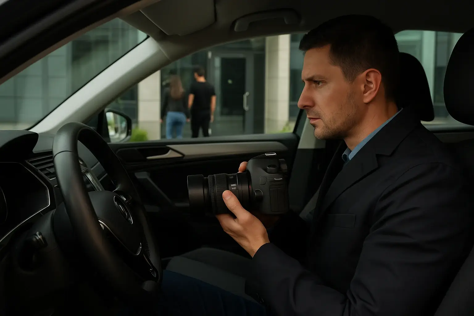 חוקר פרטי במעקב אחר זוג שנכנס לבניין משרדים