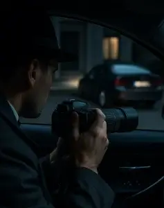 חוקר פרטי עם מצלמה בחקירת שטח