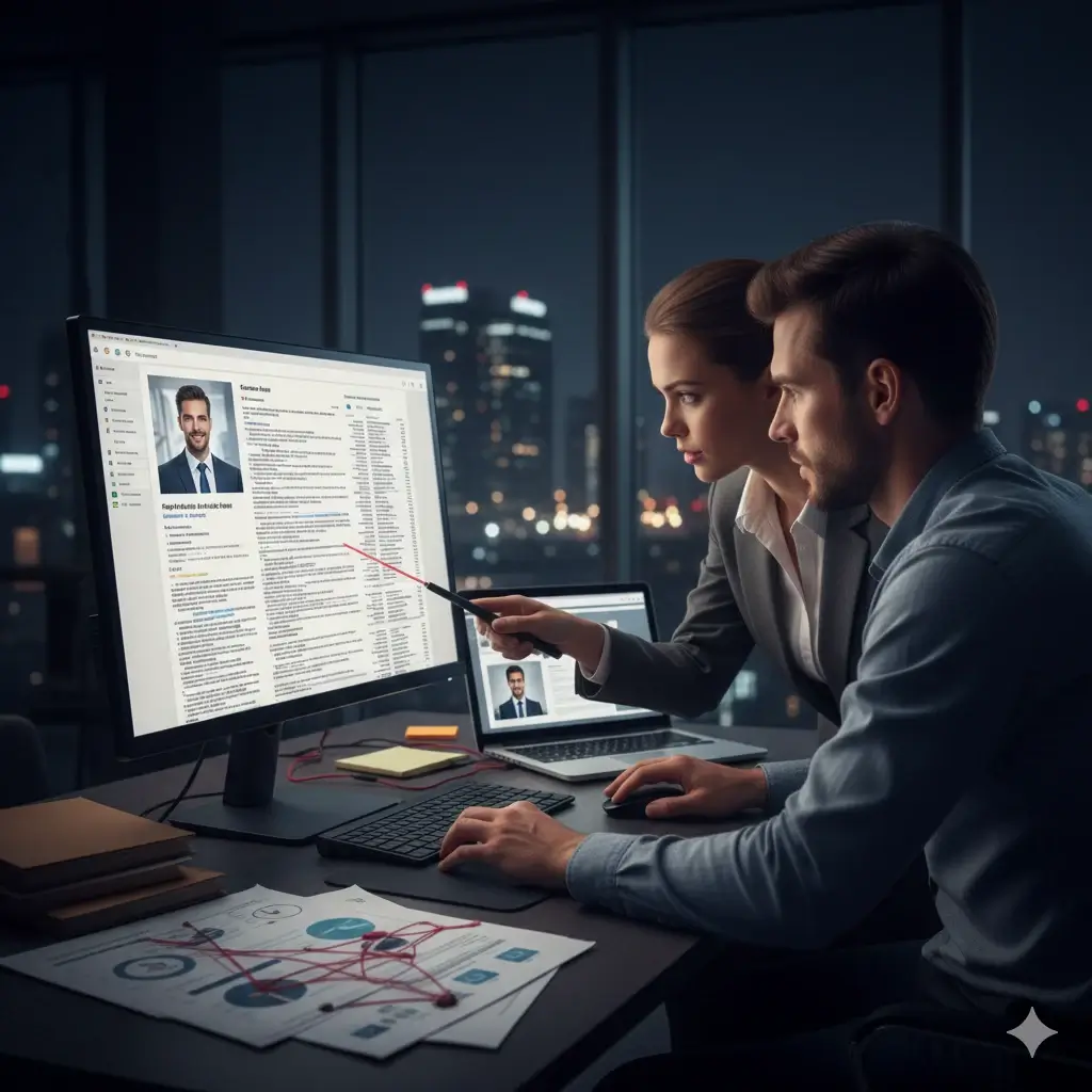 חוקרים פרטיים מול מסך מחשב לפענוח פרופיל מזויף